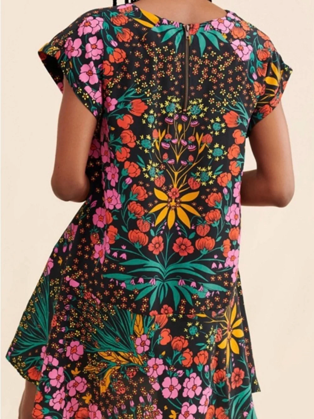 Free People Black Floral Short Sleeve Shift Dress with Pink & Yellow Accents